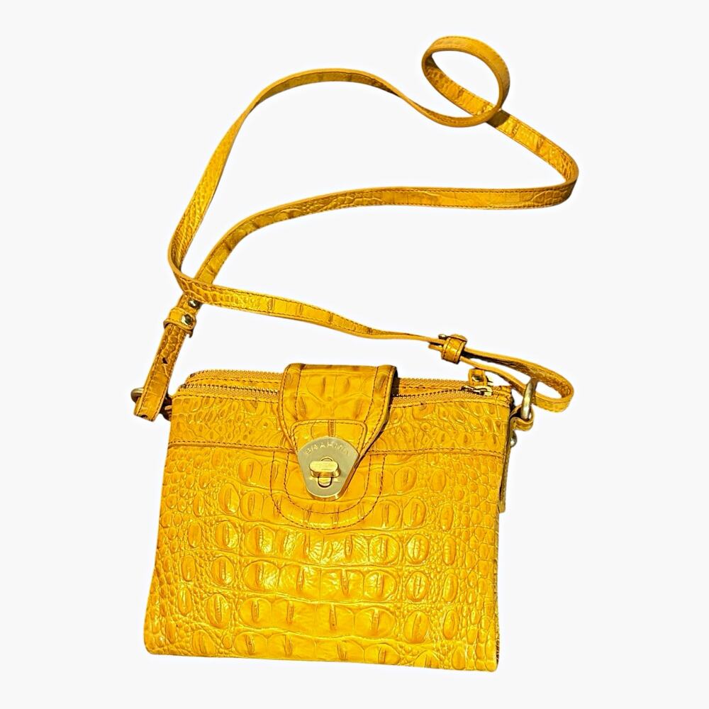 Brahmin Yellow Croc Embossed Crossbody Zip Top Turn Lock Gold Hardware